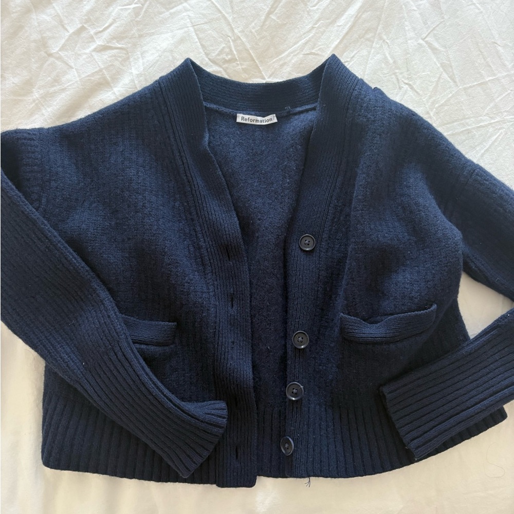 Reformation knitted blue cardigan